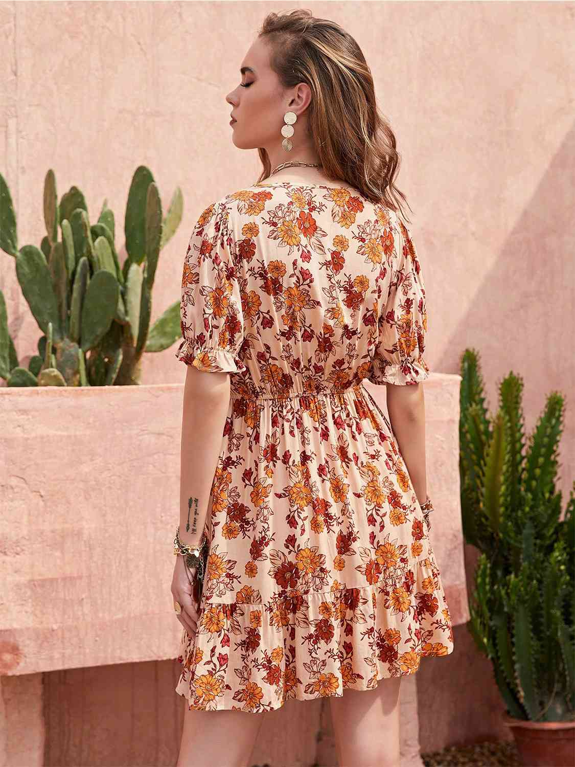 Floral V-Neck Flounce Sleeve Ruffle Hem Dress -BazaarBey - www.shopbazaarbey.com