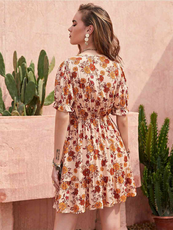 Floral V-Neck Flounce Sleeve Ruffle Hem Dress -BazaarBey - www.shopbazaarbey.com