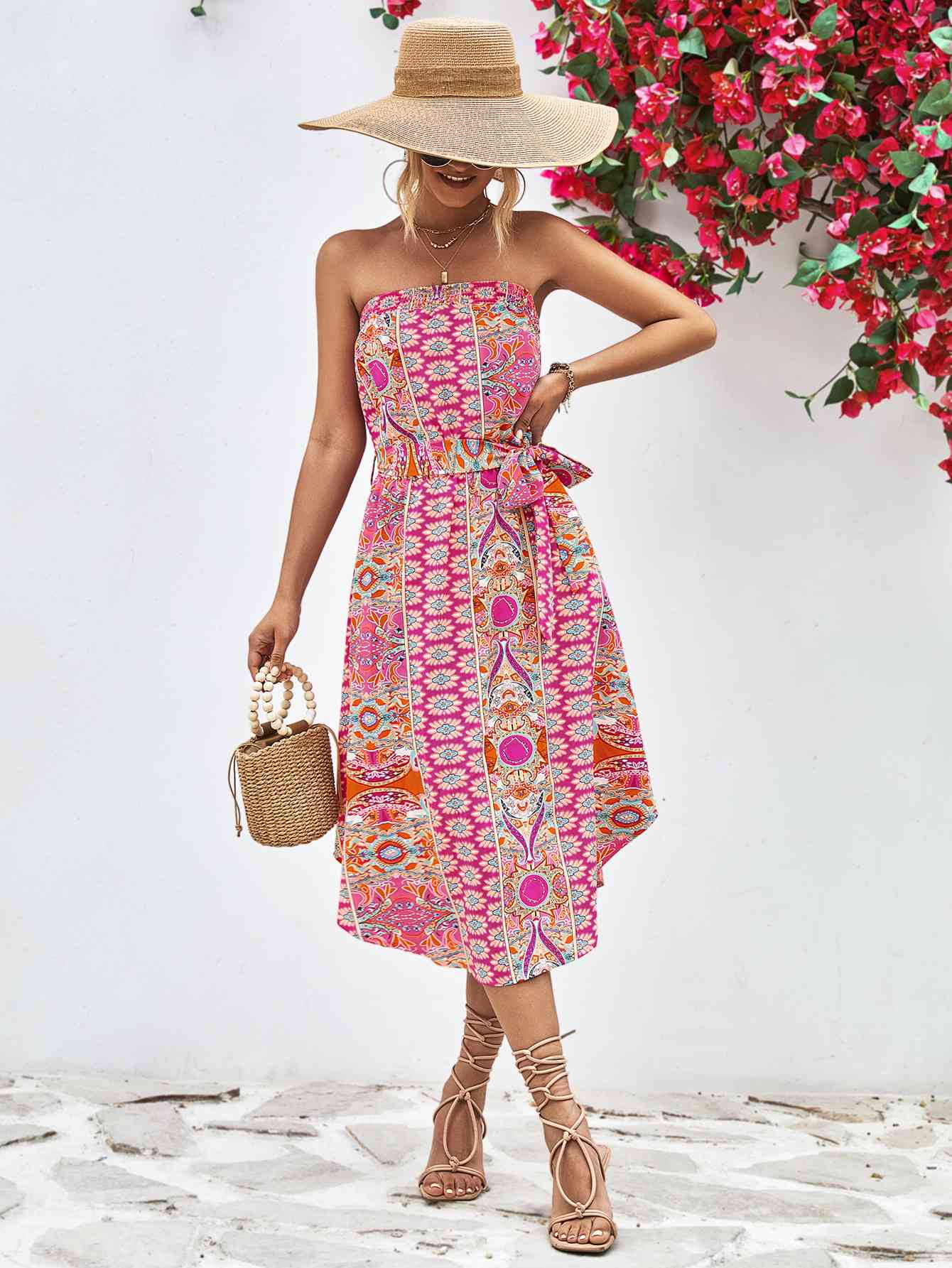 Printed Strapless Tie Belt Dress -BazaarBey - www.shopbazaarbey.com