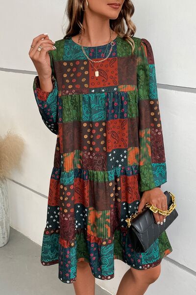 Printed Balloon Sleeve Tiered Dress -BazaarBey - www.shopbazaarbey.com