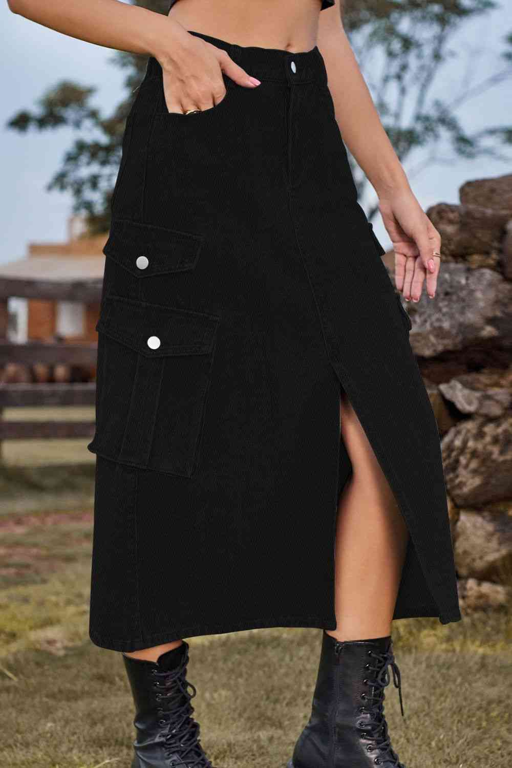 Slit Front Midi Denim Skirt with Pockets Trendsi
