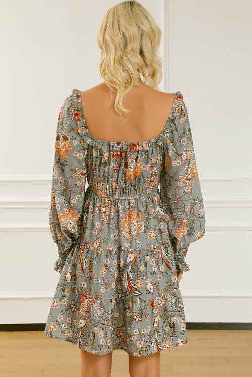 Printed Smocked Lantern Sleeve Tiered Dress -BazaarBey - www.shopbazaarbey.com