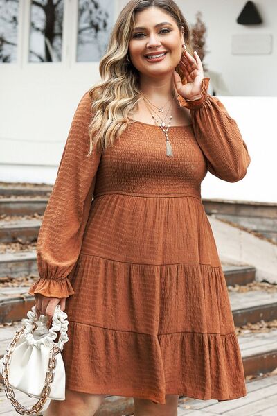 Plus Size Smocked Square Neck Tiered Dress -BazaarBey - www.shopbazaarbey.com