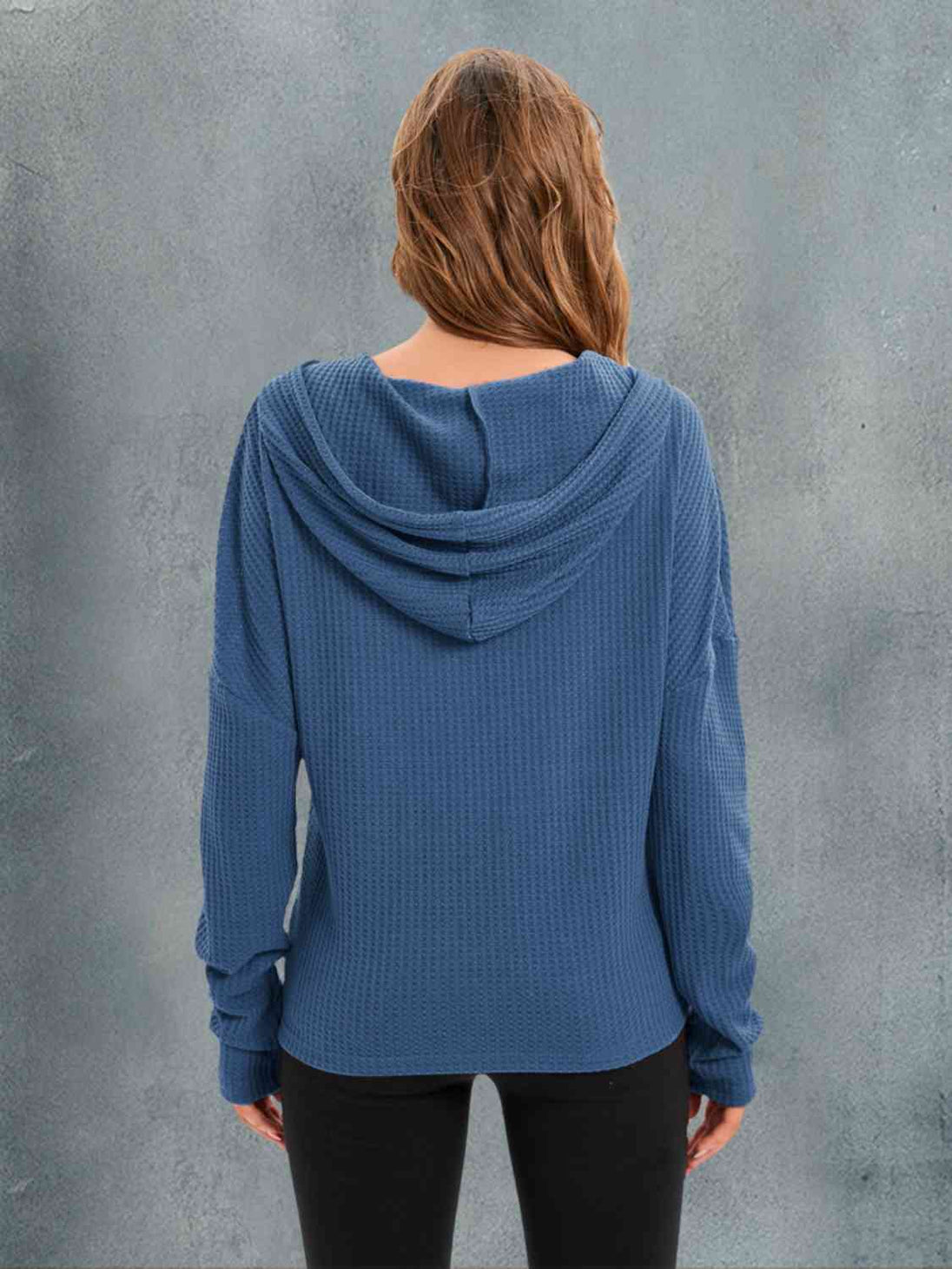 Waffle-Knit Drawstring Drop Shoulder Hoodie Trendsi