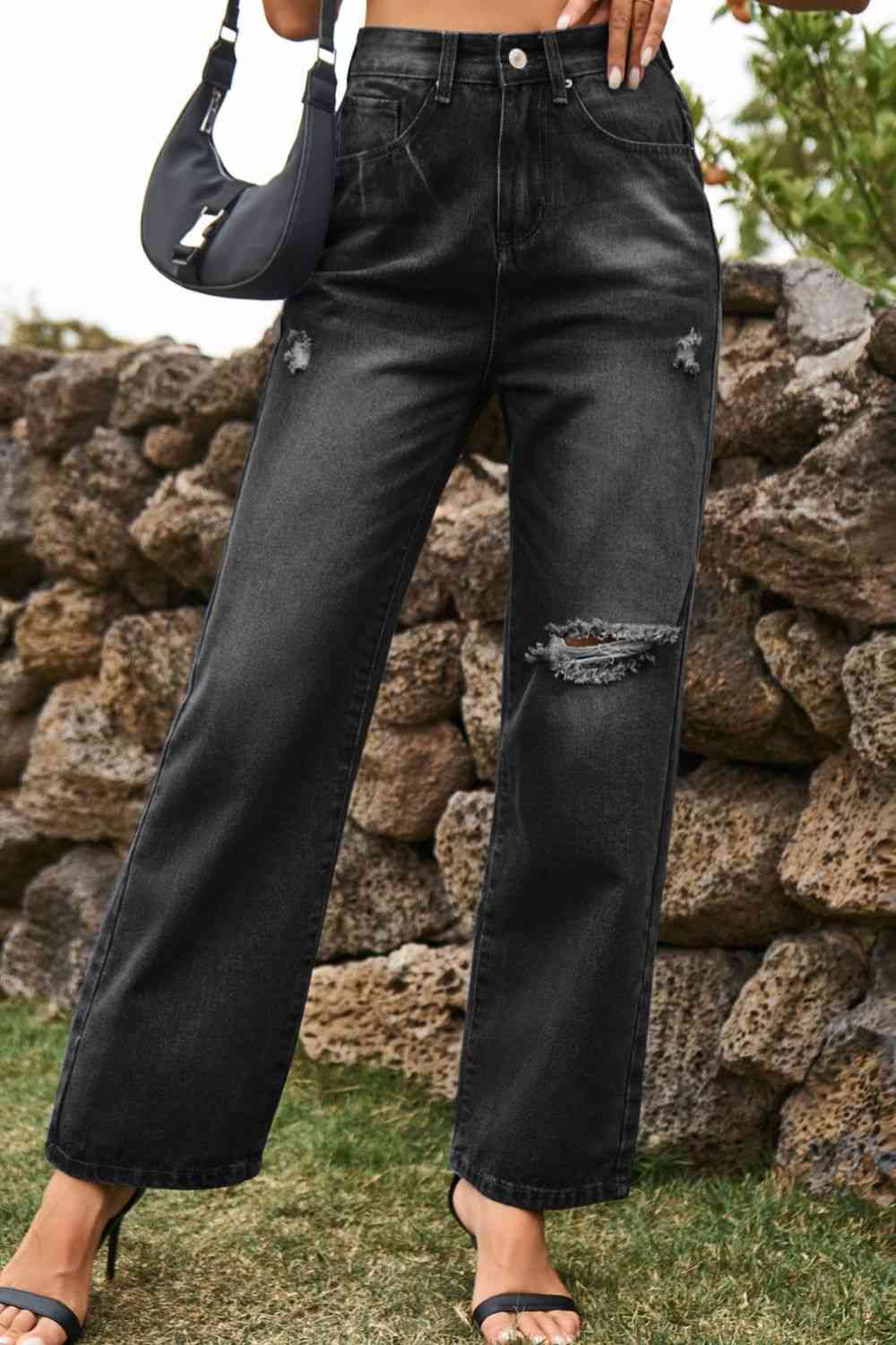 Distressed Buttoned Loose Fit Jeans Trendsi
