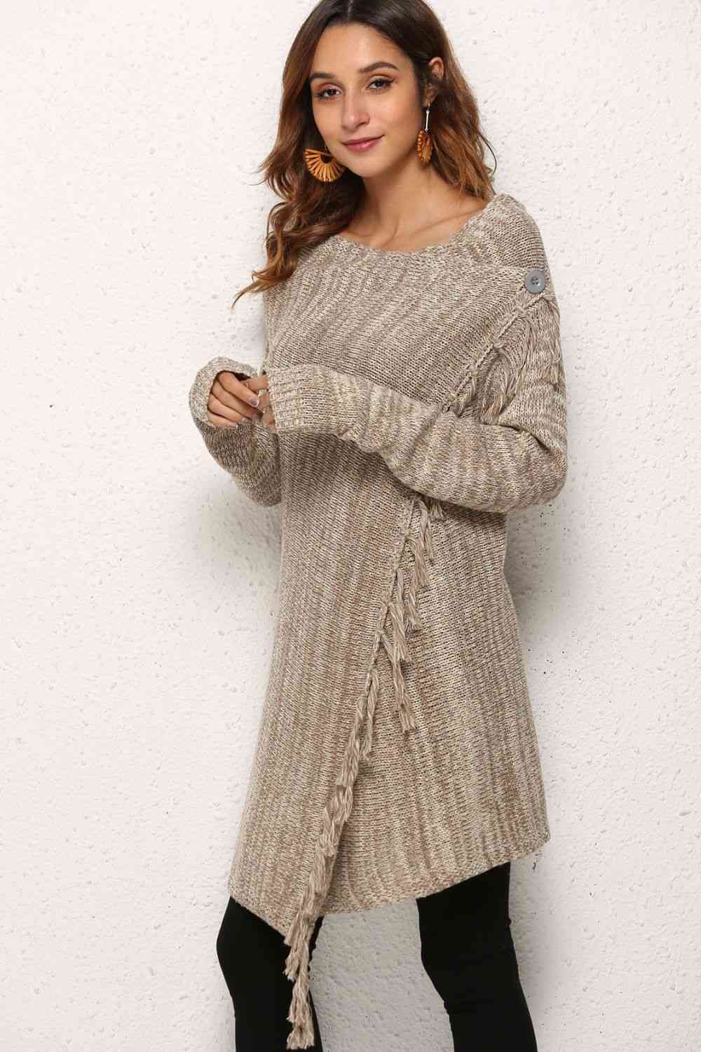 One-Button Tassel Tie Asymmetrical Hem Cardigan Trendsi