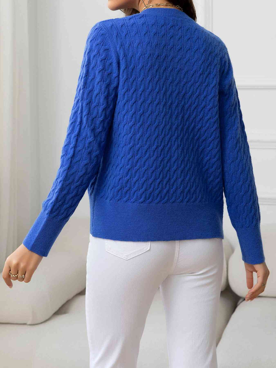 Round Neck Cable-Knit Buttoned Knit Top Trendsi