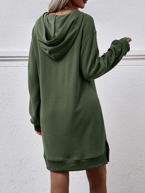 Slit Long Sleeve Hooded Dress with Pocket -BazaarBey - www.shopbazaarbey.com