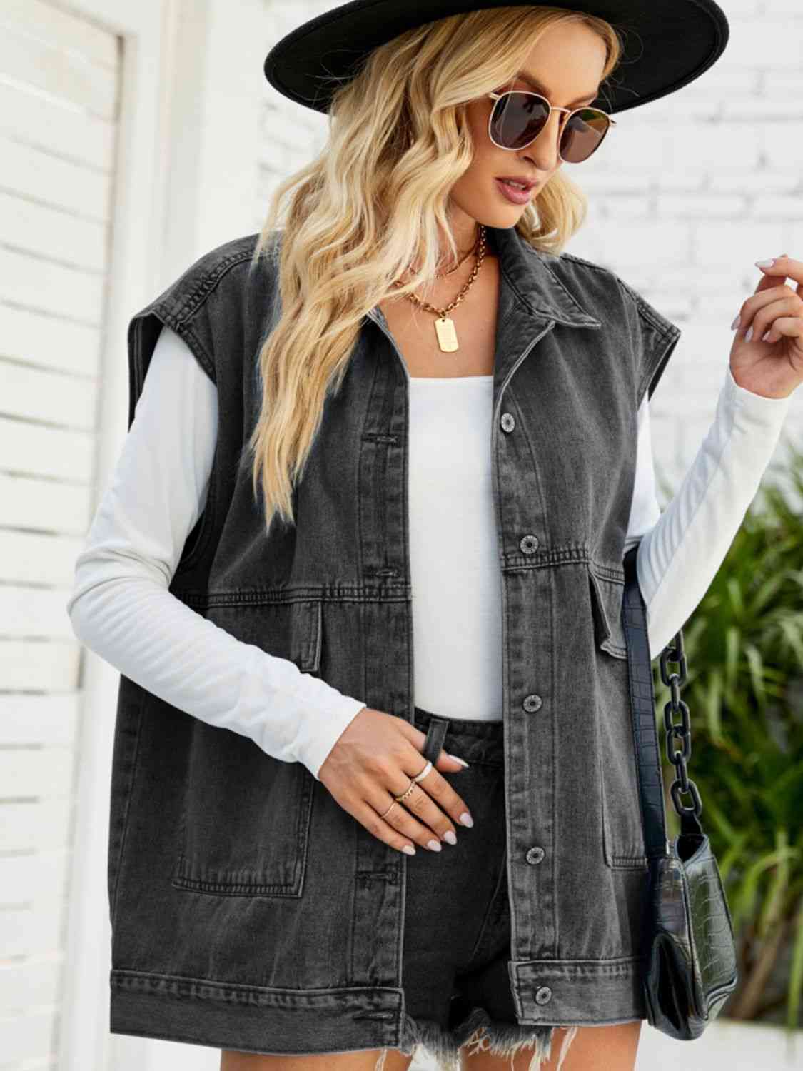 Collared Neck Sleeveless Denim Top with Pockets Bazaarbey