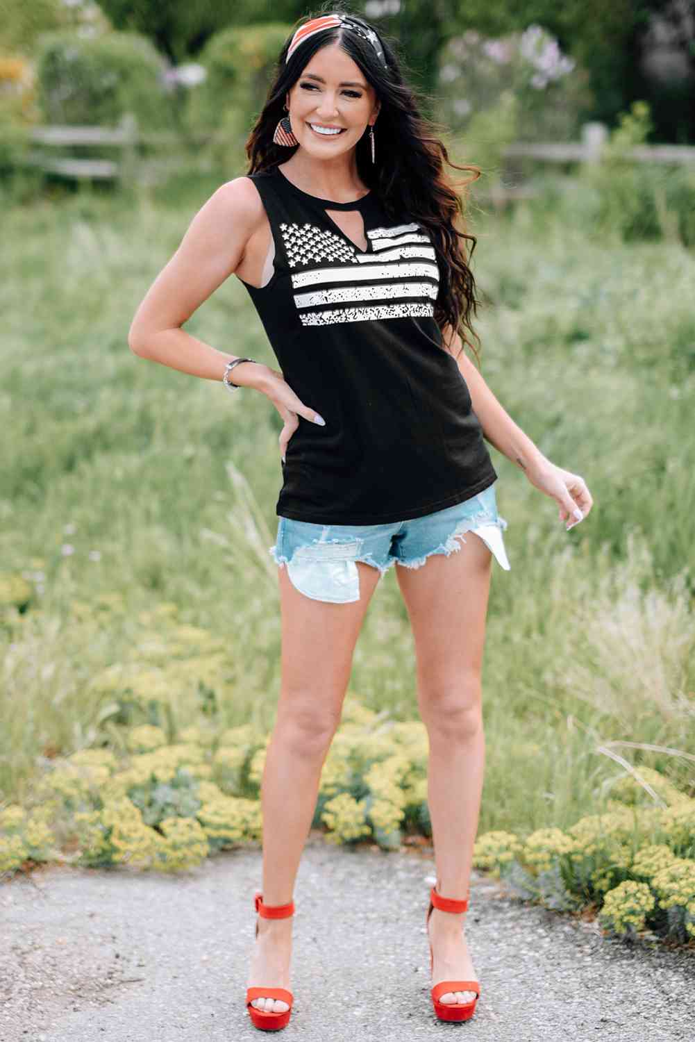 US Flag Graphic Cutout Round Neck Tank Bazaarbey