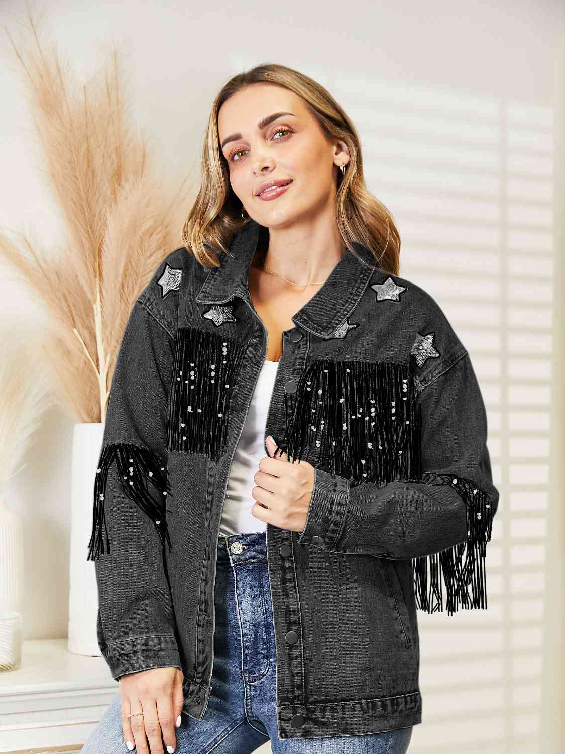 Fringe Detail Long Sleeve Denim Jacket Bazaarbey