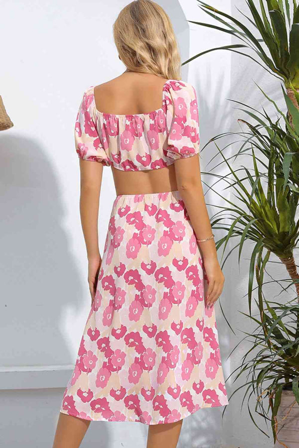 Floral Cutout Square Neck Puff Sleeve Dress -BazaarBey - www.shopbazaarbey.com