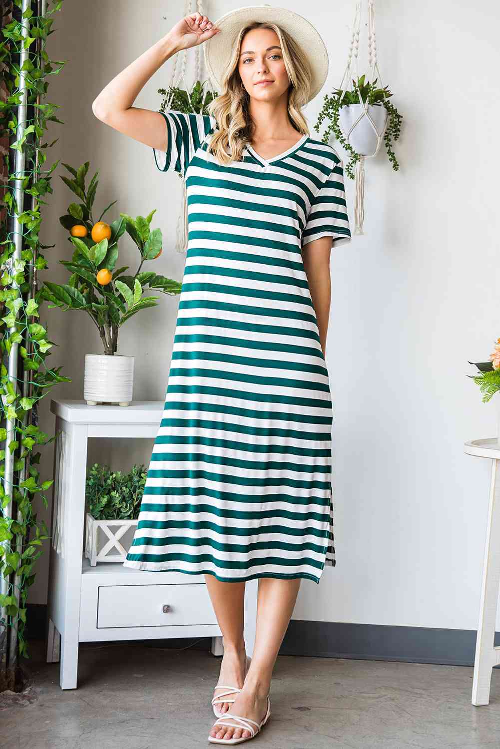 Striped V-Neck Short Sleeve Side Slit Dress -BazaarBey - www.shopbazaarbey.com