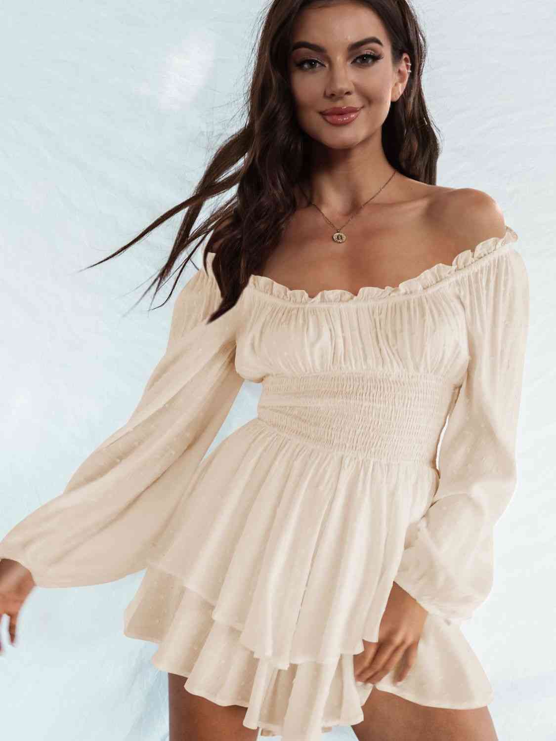 Off Shoulder Smocked Waist Romper -BazaarBey - www.shopbazaarbey.com