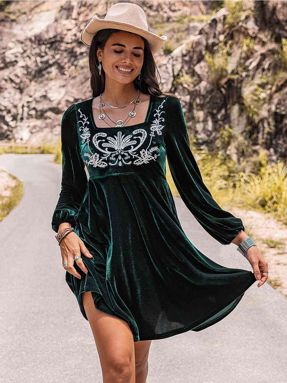Embroidered Square Neck Long Sleeve Dress -BazaarBey - www.shopbazaarbey.com