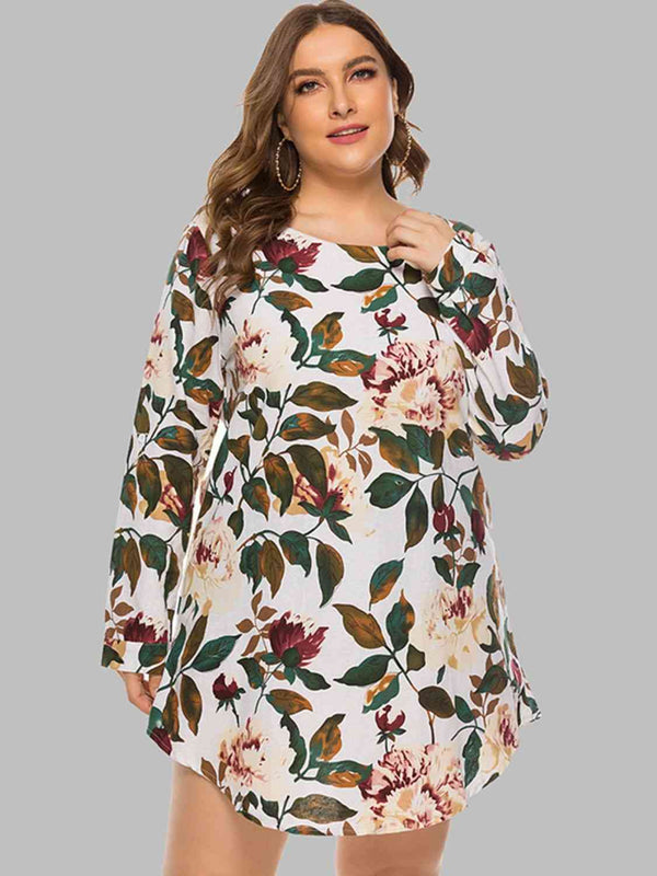 Full Size Floral Long Sleeve Mini Dress -BazaarBey - www.shopbazaarbey.com