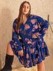 Plus Size Printed Tie Neck Balloon Sleeve Mini Dress -BazaarBey - www.shopbazaarbey.com