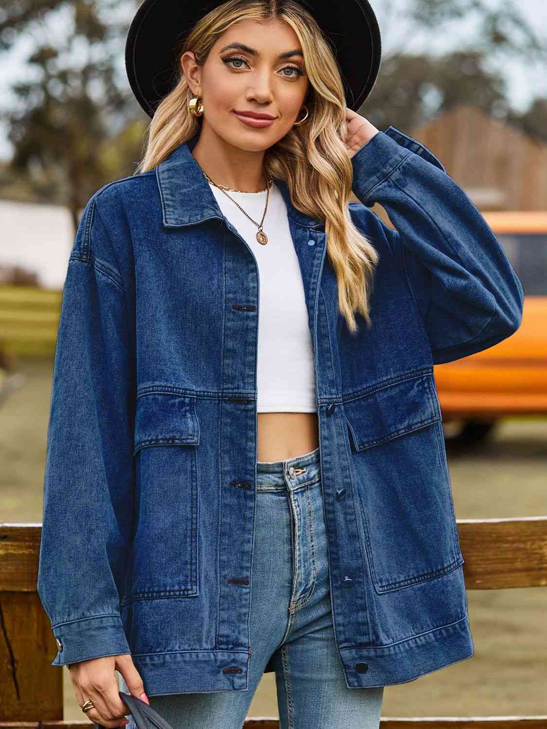 Dropped Shoulder Denim Jacket with Pockets Bazaarbey