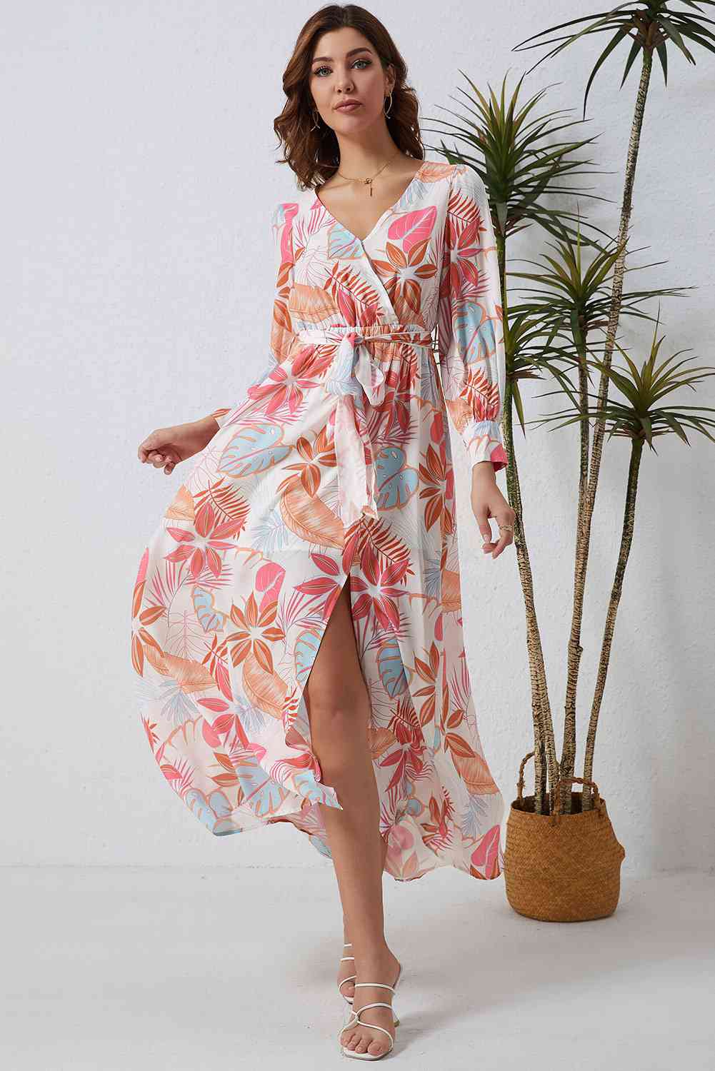 Printed Tie Waist Maxi Dress Bazaarbey