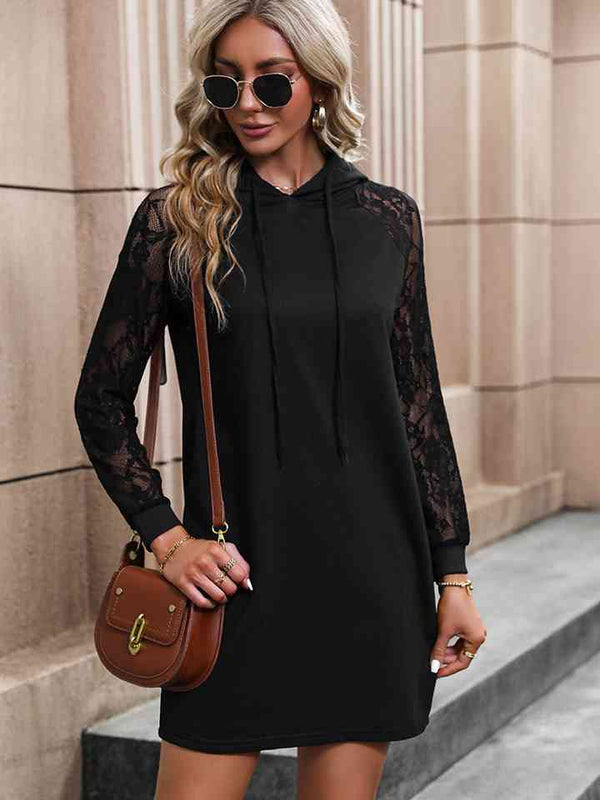 Lace Trim Long Sleeve Hooded Dress -BazaarBey - www.shopbazaarbey.com