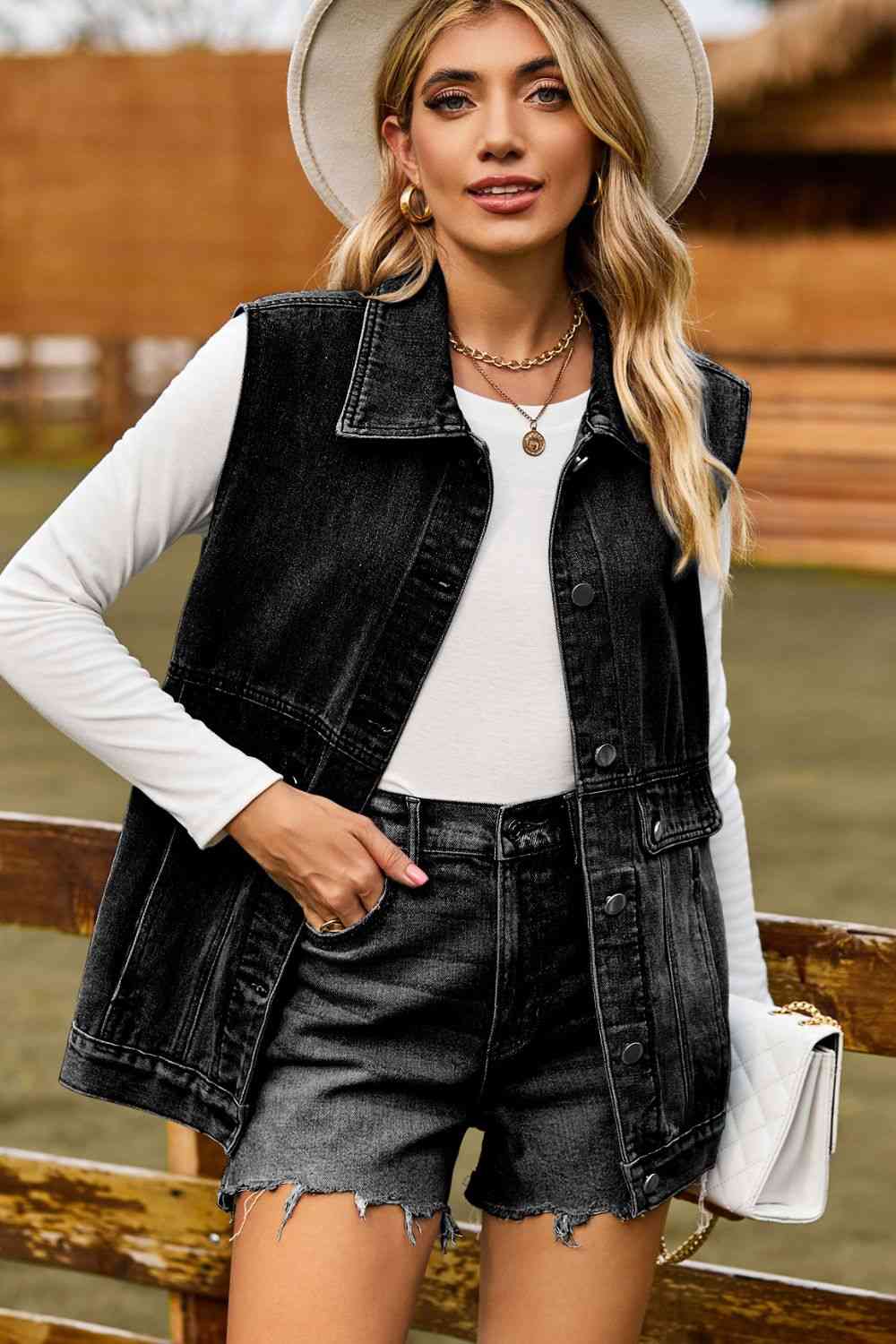 Sleeveless Collared Neck Denim Top with Pockets Bazaarbey