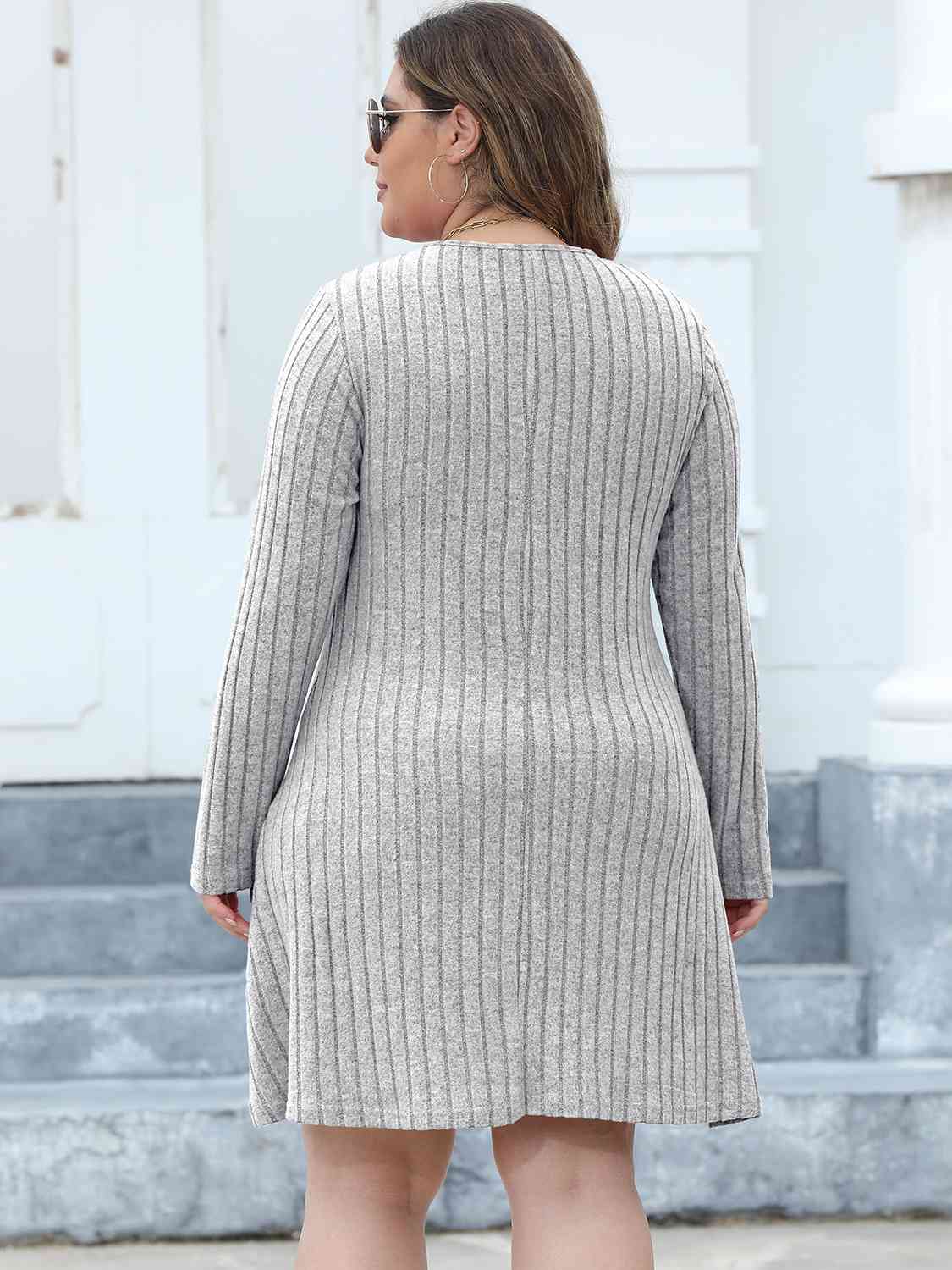 Plus Size Ribbed Buttoned V-Neck Long Sleeve Dress -BazaarBey - www.shopbazaarbey.com