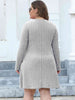 Plus Size Ribbed Buttoned V-Neck Long Sleeve Dress -BazaarBey - www.shopbazaarbey.com