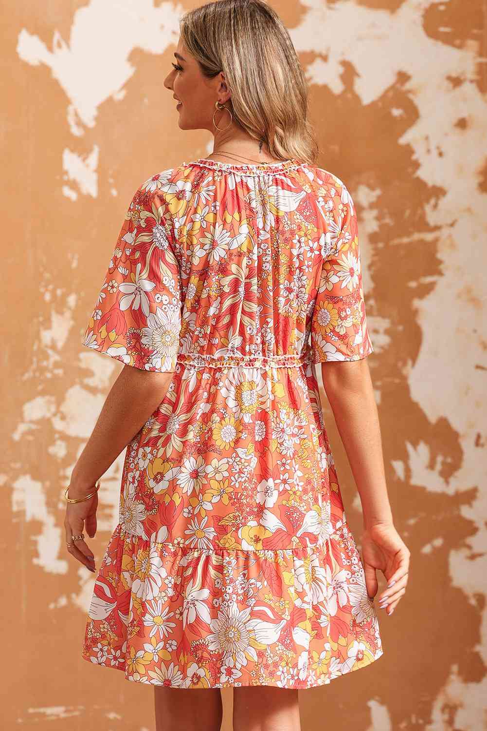 Floral Print V-Neck Short Sleeve Frill Trim Mini Dress -BazaarBey - www.shopbazaarbey.com