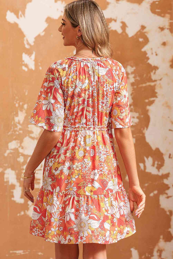 Floral Print V-Neck Short Sleeve Frill Trim Mini Dress -BazaarBey - www.shopbazaarbey.com