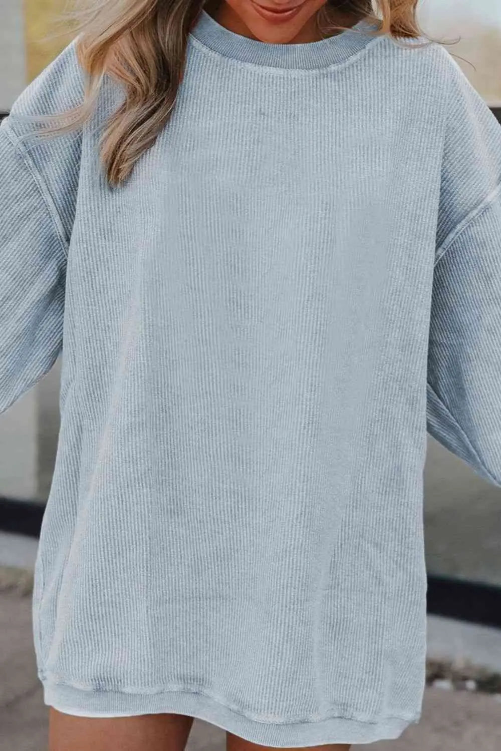Ribbed Round Neck Drop Shoulder Sweatshirt Bazaarbey