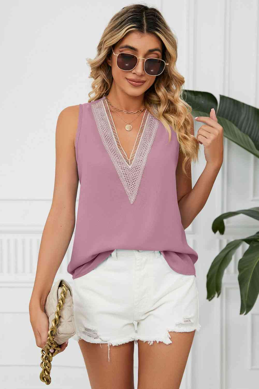 Contrast Trim Plunge Sleeveless Blouse Bazaarbey