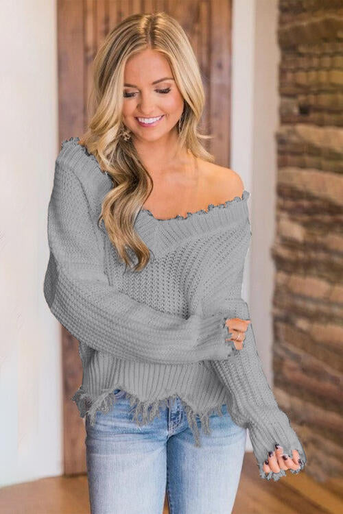 Frayed Hem Dropped Shoulder Sweater Bazaarbey