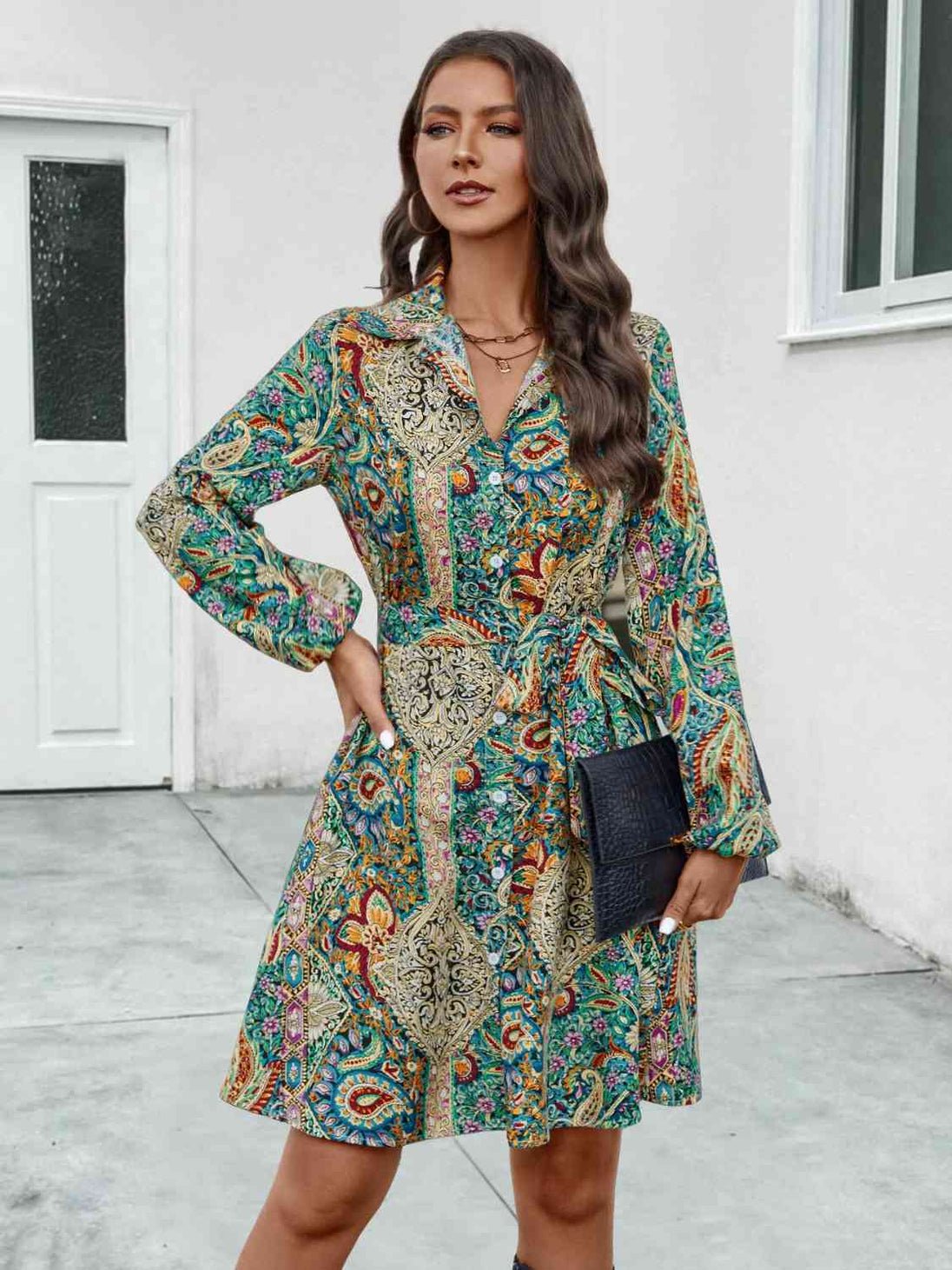 Printed Collared Neck Long Sleeve Dress -BazaarBey - www.shopbazaarbey.com