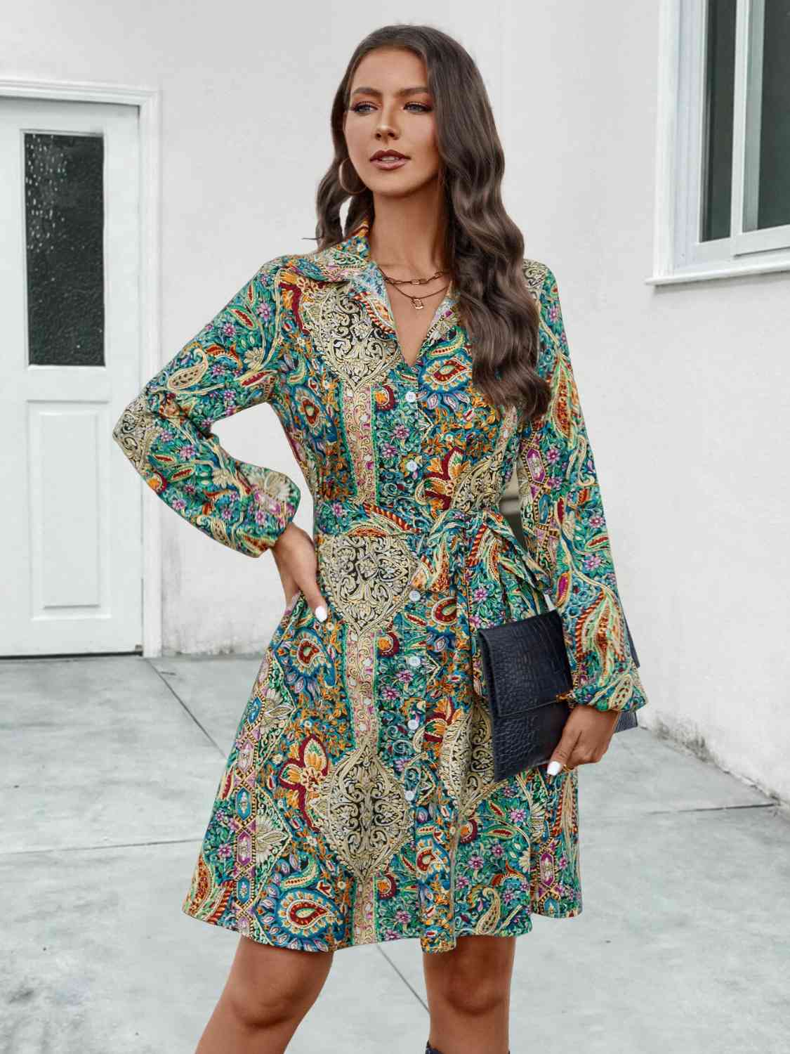 Printed Collared Neck Long Sleeve Dress -BazaarBey - www.shopbazaarbey.com
