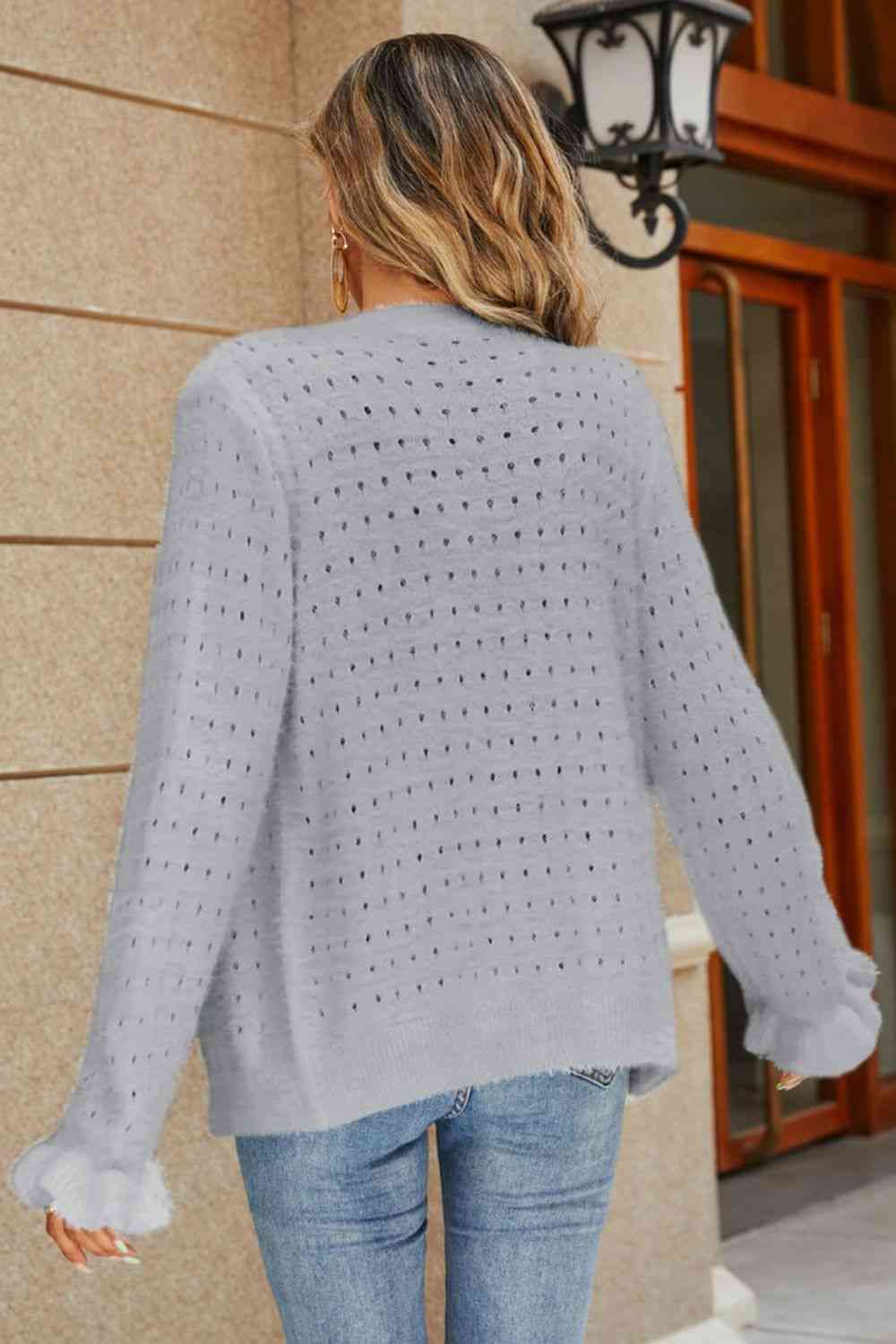 Openwork Flounce Sleeve Button-Up Fuzzy Cardigan Bazaarbey