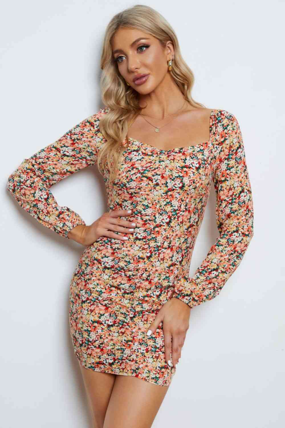 Floral Long-Sleeve Bodycon Dress -BazaarBey - www.shopbazaarbey.com