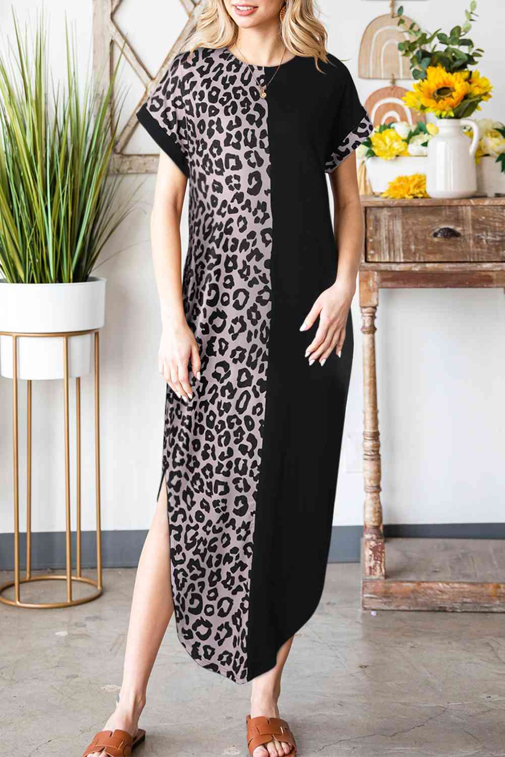 Leopard Color Block Split Dress -BazaarBey - www.shopbazaarbey.com