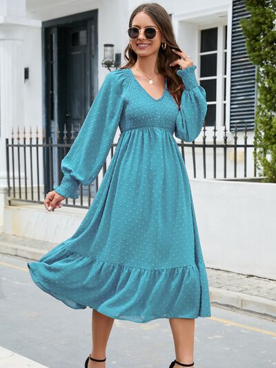  V-Neck Smocked Lantern Sleeve Ruffle Hem Dress -BazaarBey - www.shopbazaarbey.com