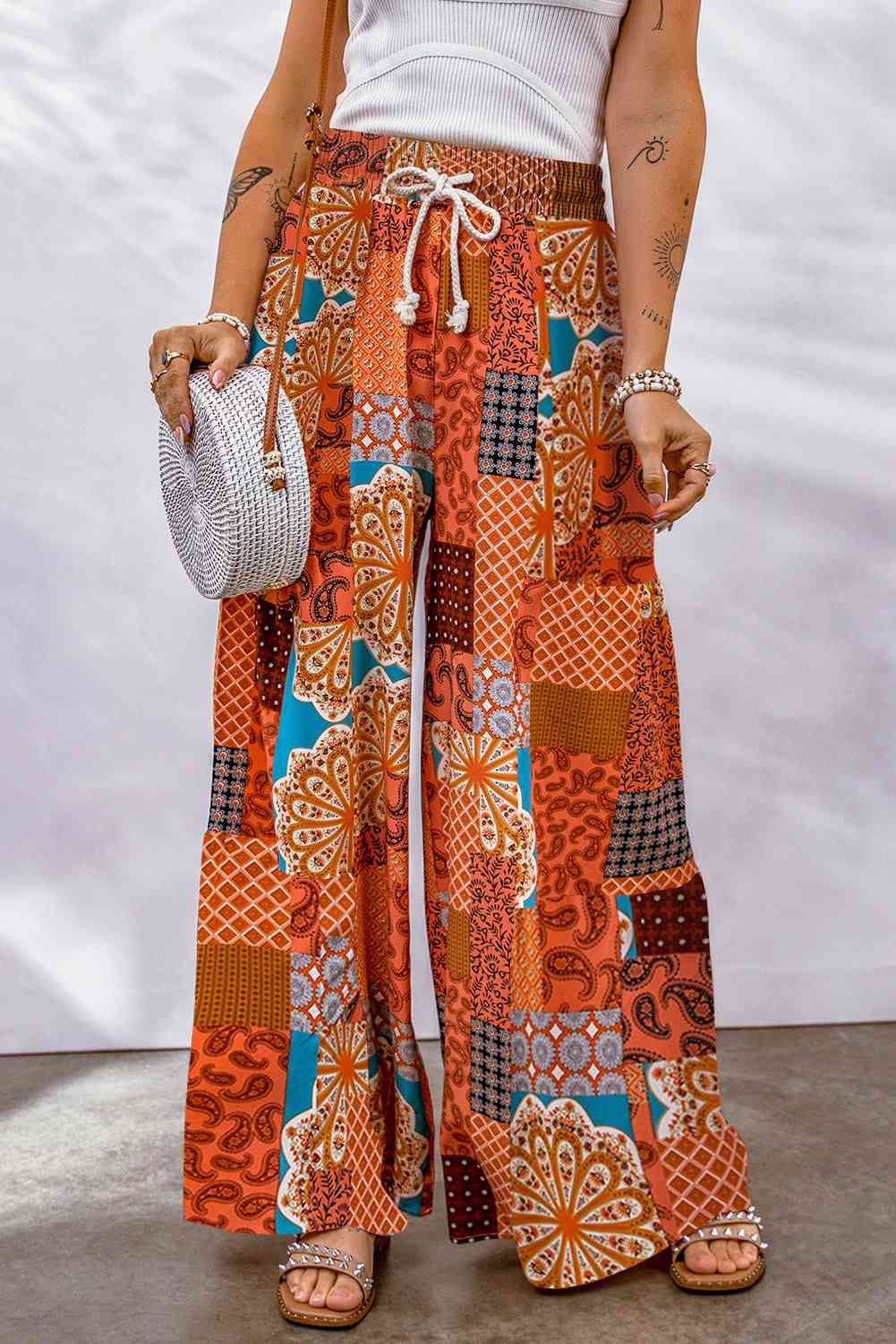 Bohemian Patchwork Drawstring Wide Leg Pants Bazaarbey