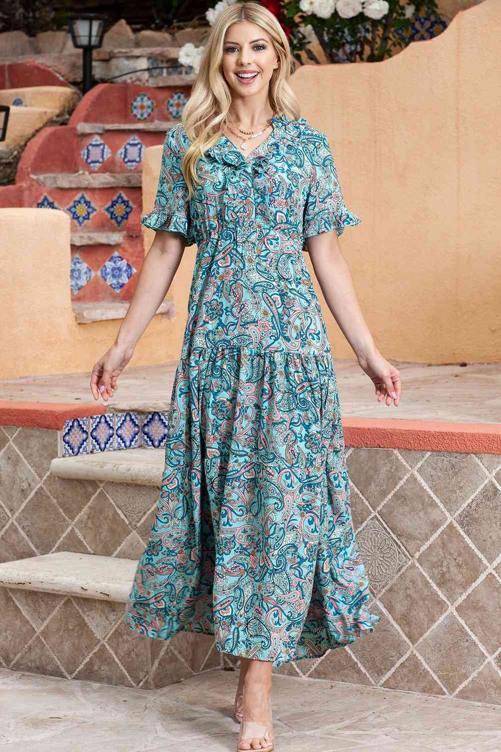 Paisley Print Flounce Sleeve Maxi Dress -BazaarBey - www.shopbazaarbey.com