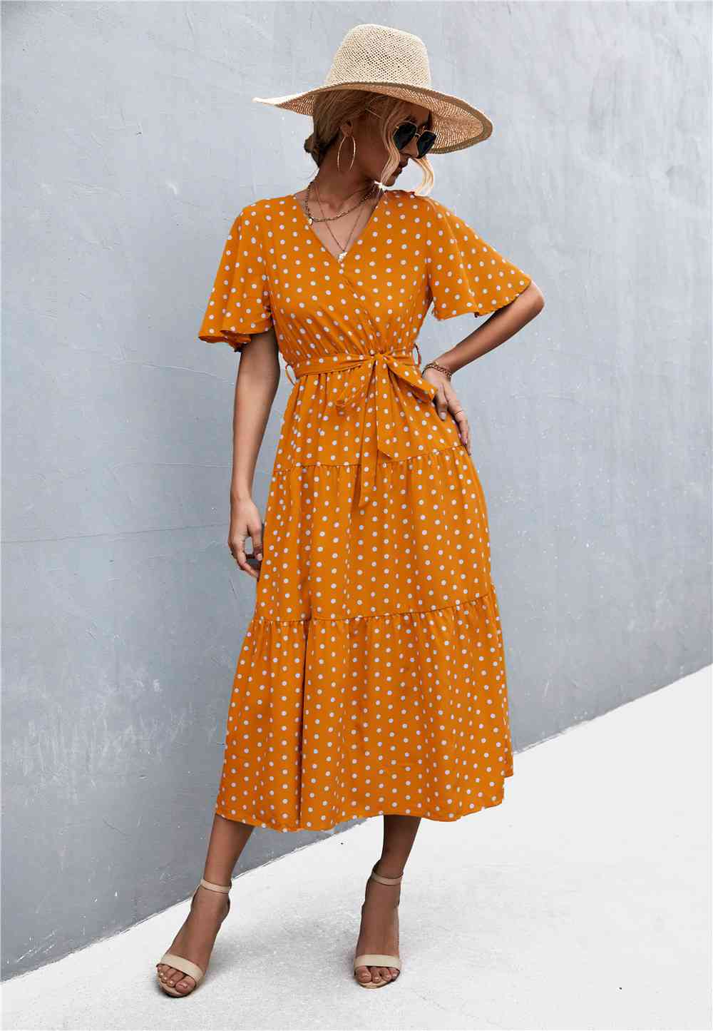 Printed V-Neck Flutter Sleeve Belted Dress -BazaarBey - www.shopbazaarbey.com