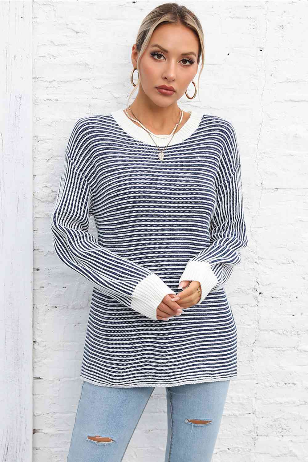 Striped Round Neck Long Sleeve Knit Top Trendsi