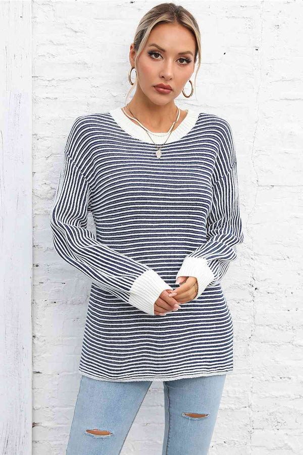 Striped Round Neck Long Sleeve Knit Top Trendsi