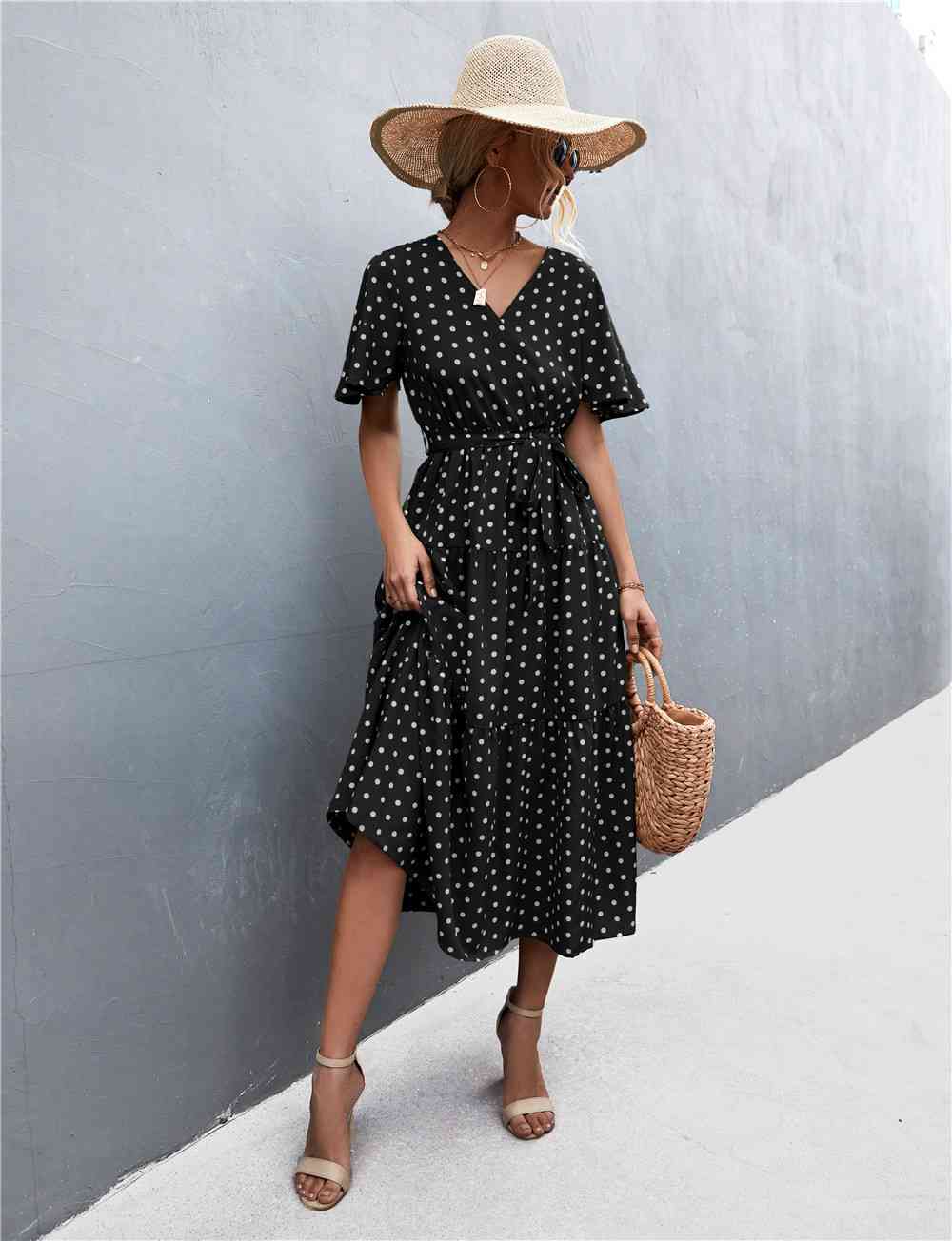 Printed V-Neck Flutter Sleeve Belted Dress -BazaarBey - www.shopbazaarbey.com