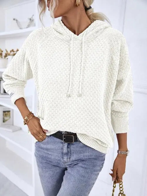 Texture Drawstring Long Sleeve Hooded Sweater Bazaarbey
