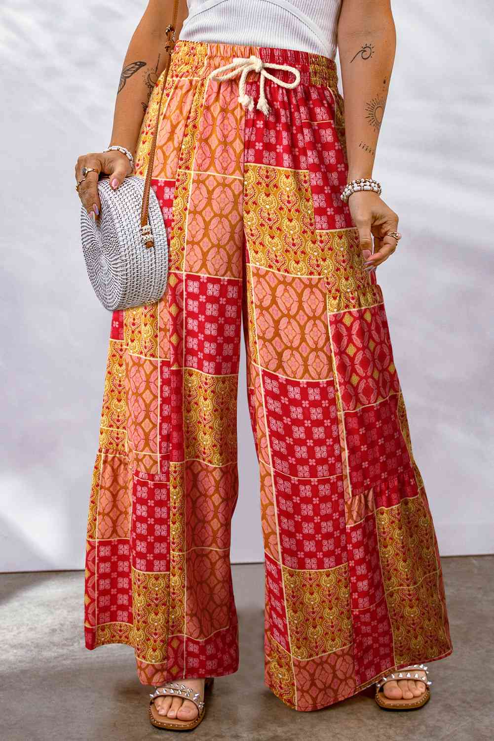 Bohemian Patchwork Drawstring Wide Leg Pants Bazaarbey