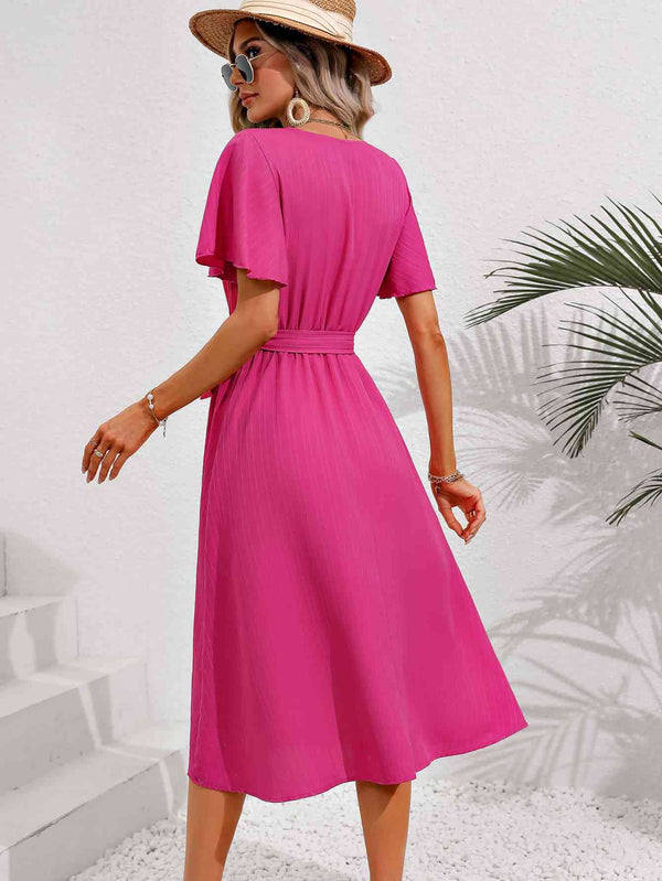  Neck Tie Belt Midi Dress -BazaarBey - www.shopbazaarbey.com