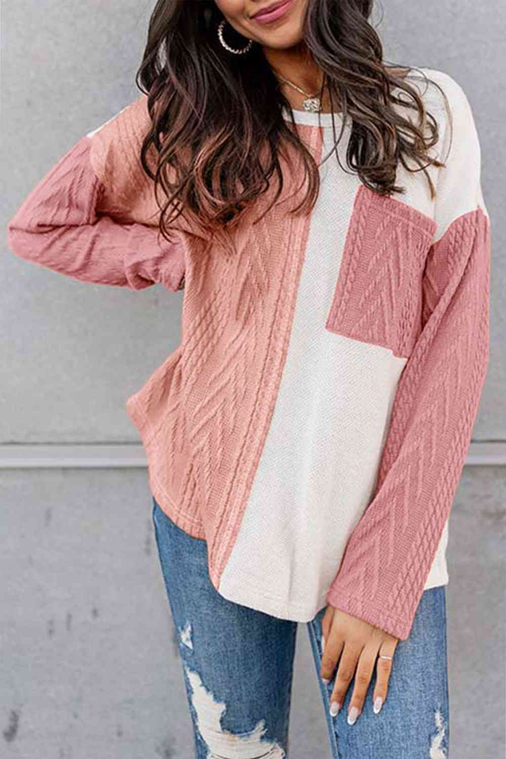 Full Size Color Block Cable-Knit Tops Bazaarbey