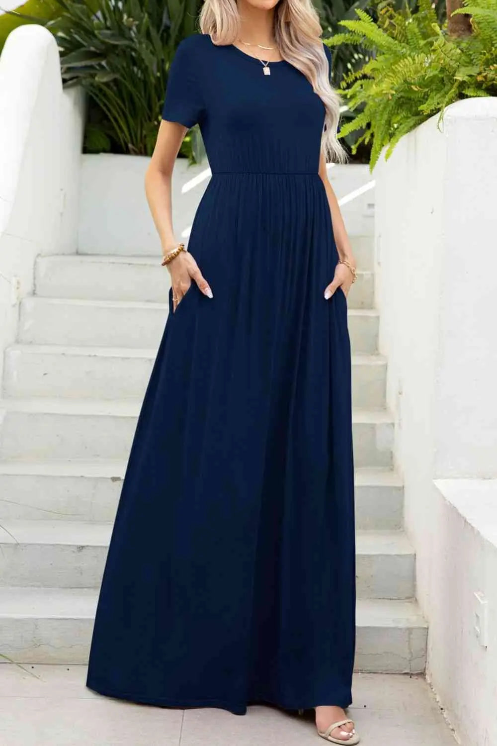 Round Neck Maxi Tee Dress with Pockets -BazaarBey - www.shopbazaarbey.com