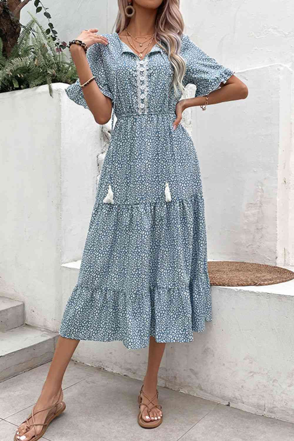 Printed Tassel Tie Flounce Sleeve Dress -BazaarBey - www.shopbazaarbey.com